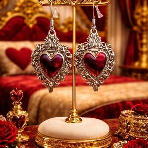 New Opulent Red Enamel Sacred Heart Earrings with Intricate Silvertone Filigree